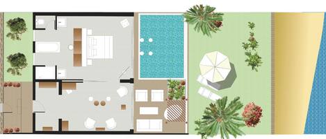 Distribución de una habitación de hotel con piscina, zona de estar exterior y vistas a la playa.