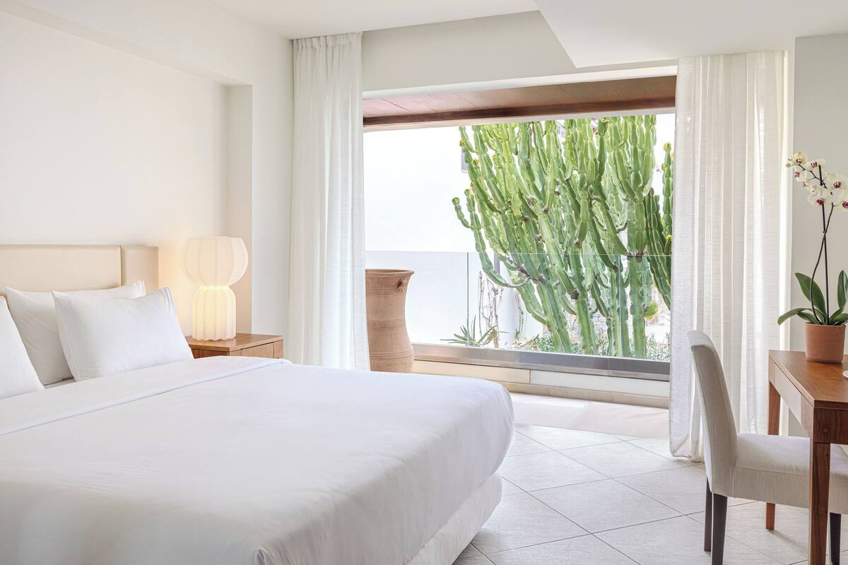 Ein Hotelzimmer mit einem großen Bett, einem Schreibtisch mit Stuhl, einem Fenster mit Vorhängen und einer Säulencactus.