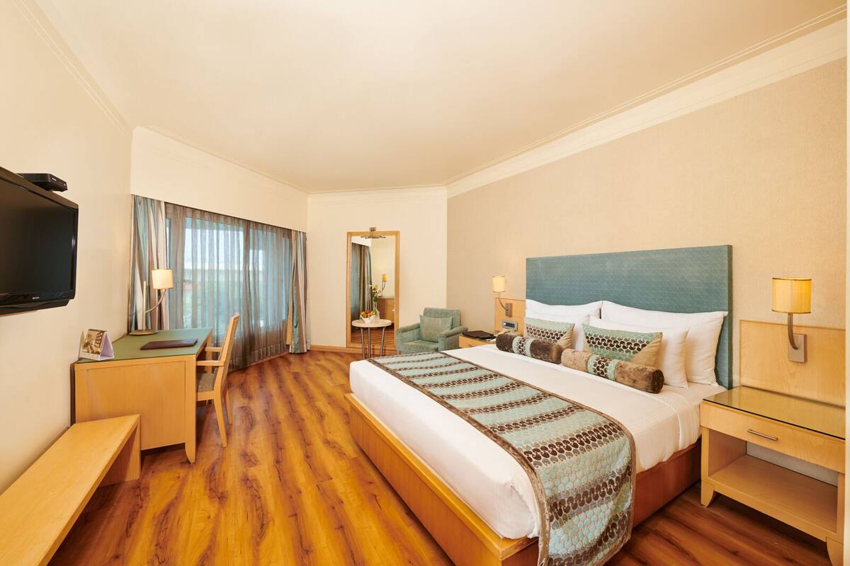 Ein Hotelzimmer mit einem großen Bett, einem Schreibtisch, einem Sessel, einem Fernseher und einem Spiegel.