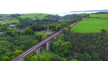 A bridge over a river with surrounding greenery and a distant body of water.