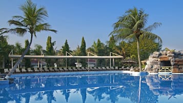 Outdoor pool, pool umbrellas, pool loungers