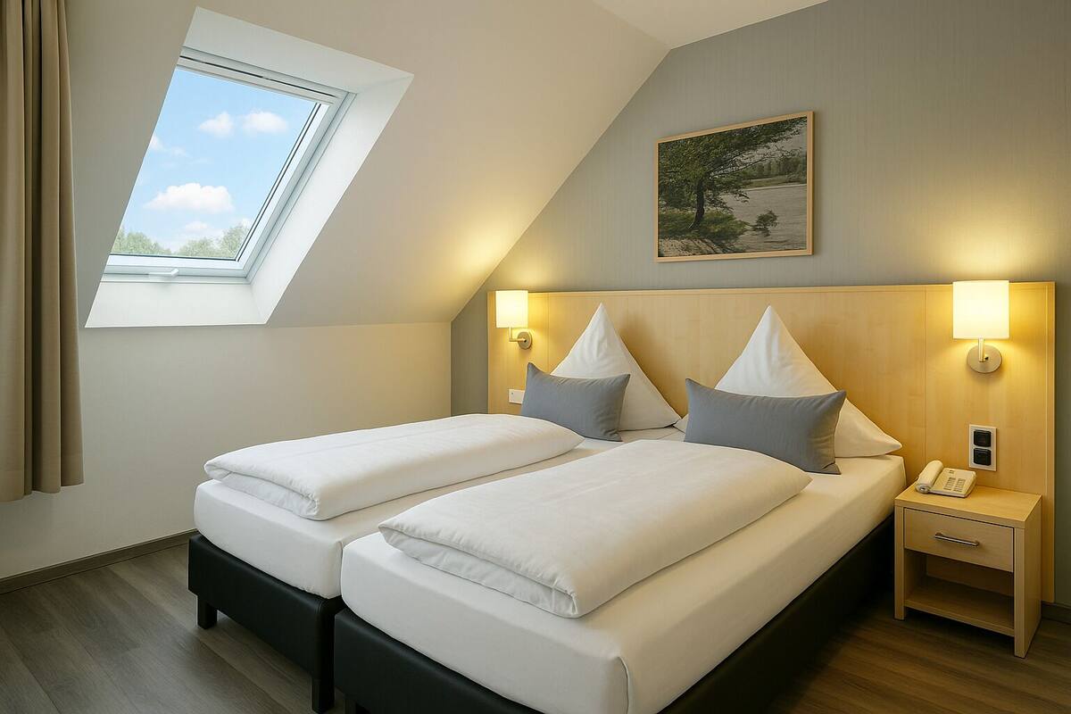 Une chambre avec deux lits, une lucarne, un tableau, des lampes de chevet et une table de chevet avec un téléphone.
