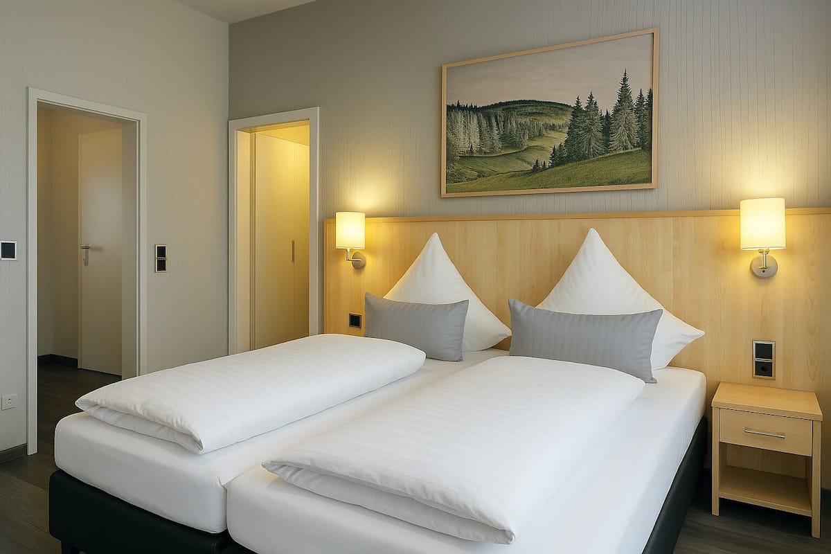Un lit double avec deux tables de chevet, un tableau au mur et une porte sur la gauche.
