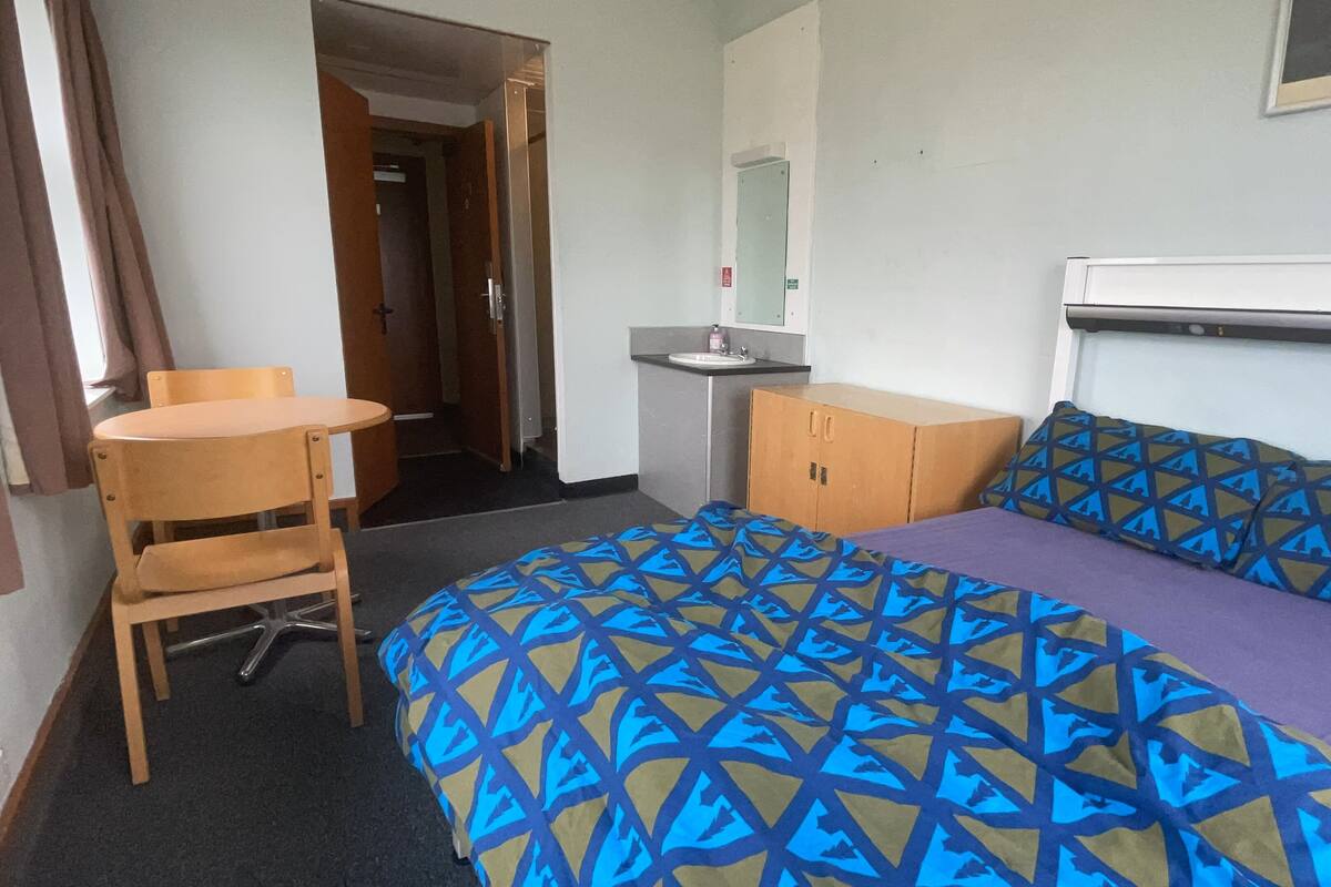 A hotel room with a bed, a desk, a chair, a small sink, and a mirror.