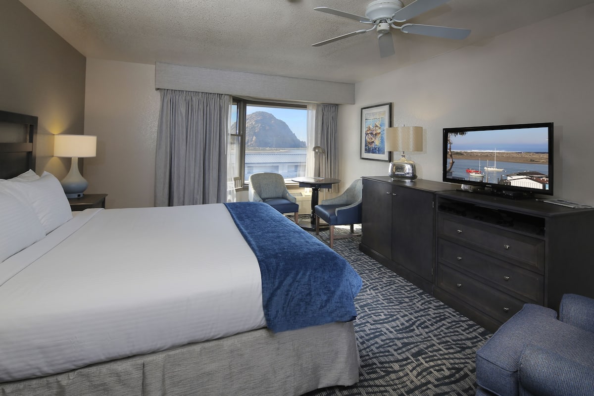 Quarto de hotel com uma cama grande, uma escrivaninha, uma cadeira, uma televisão e vista para o oceano.