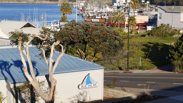A coastal building with a sign for "Blue Sail Inn" and a view of the marina and ocean in the background. - Blue Sail Inn (Morro Bay)