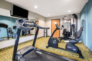 A gym with a treadmill, elliptical, and weight machine.