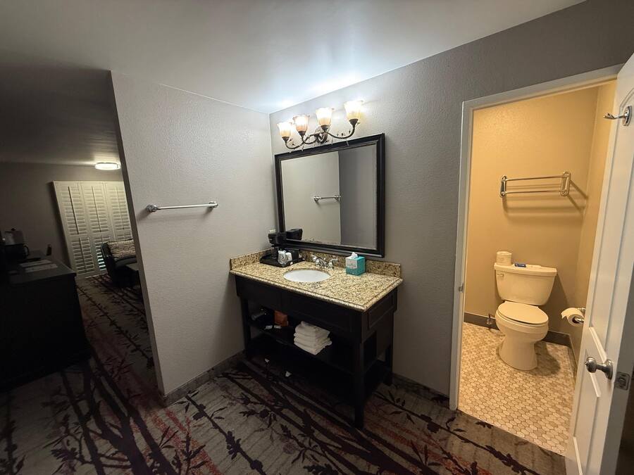 Un baño con lavamanos, espejo, toallero y retrete.