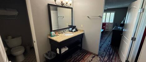 A hotel bathroom with a sink, mirror, and toilet.