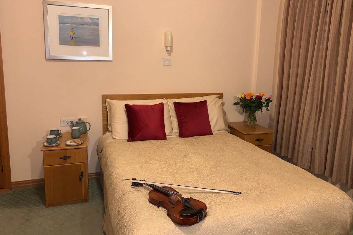 A neatly made bed with a violin on it, a bedside table with a vase of flowers, and a framed picture on the wall.