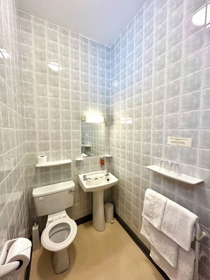 A bathroom with a toilet, sink, and towel rack.
