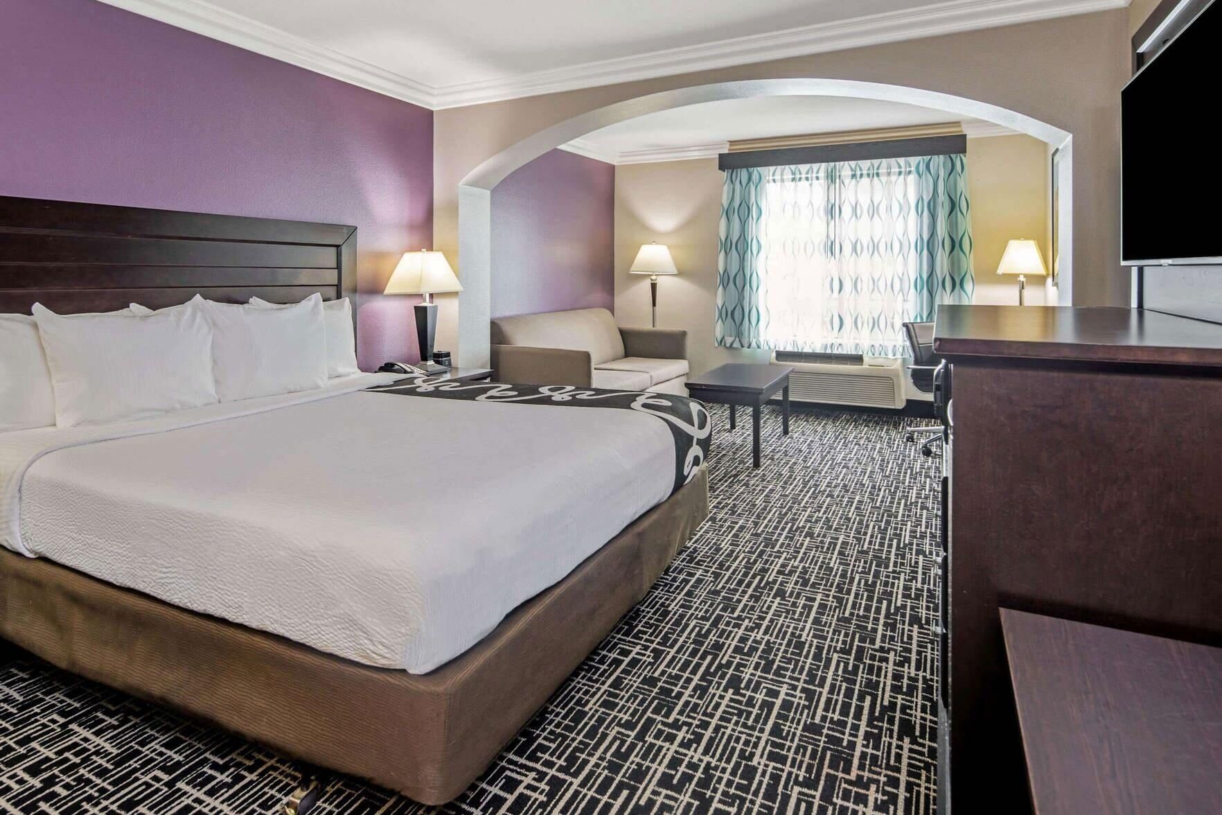 Premium bedding, pillowtop beds, desk, laptop workspace