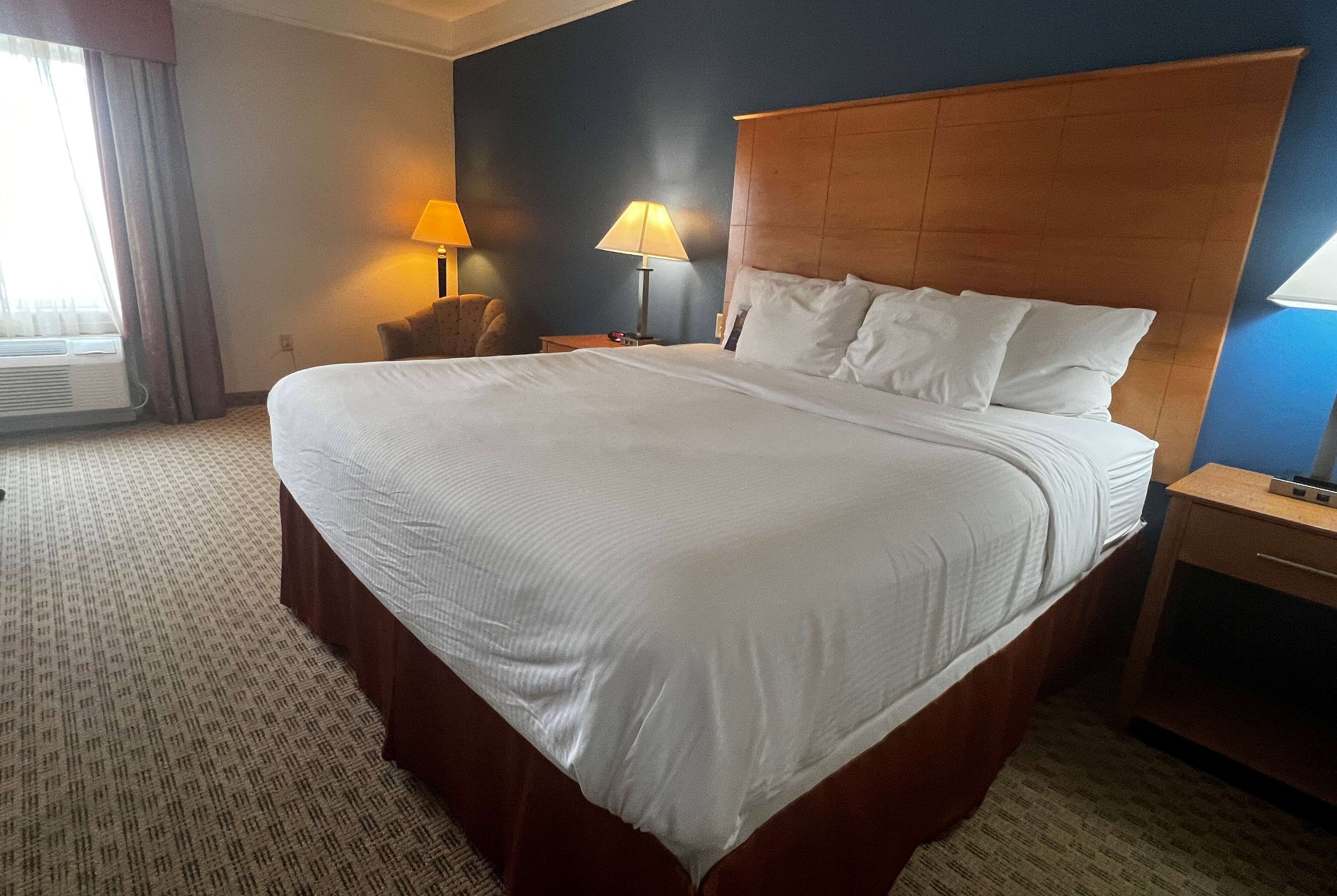 Une chambre d’hôtel avec un grand lit, deux lampes de chevet, une tête de lit en bois et un sol recouvert de moquette.