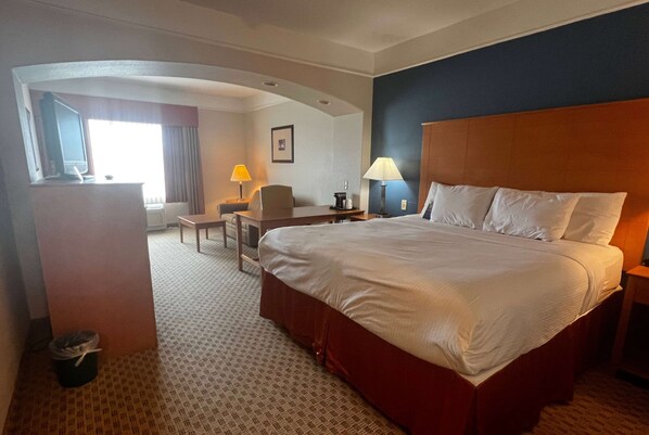 Una habitación de hotel con una cama grande, un escritorio, una silla, un televisor y una lámpara.