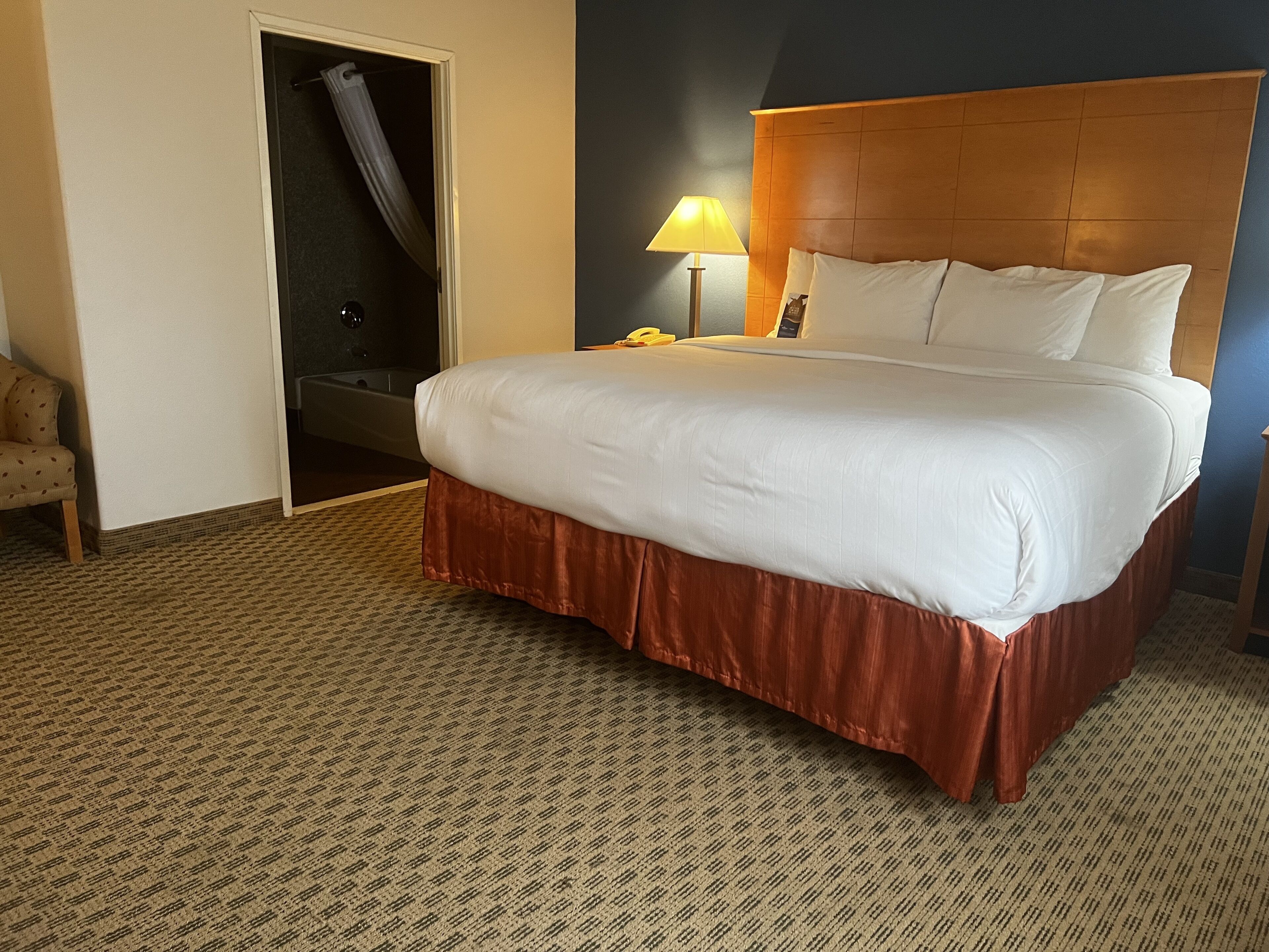 Habitación de hotel con una cama grande, cabecera de madera, mesita de noche con lámpara, puerta que da a un baño y alfombra estampada.