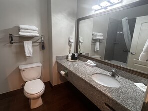 Een bad/douchecombinatie, gratis toiletartikelen, een haardroger