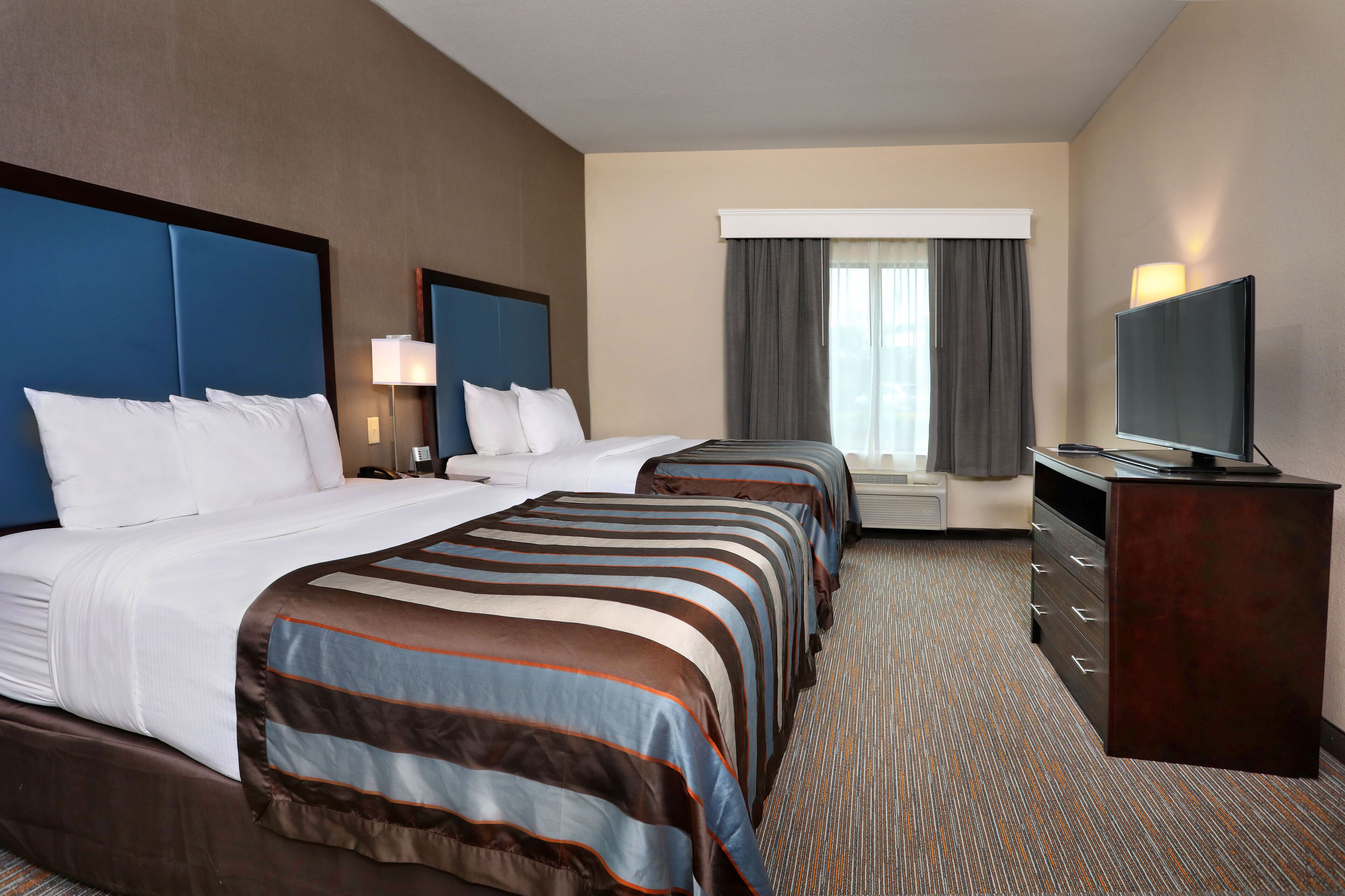 down duvets, desk, laptop workspace, blackout curtains