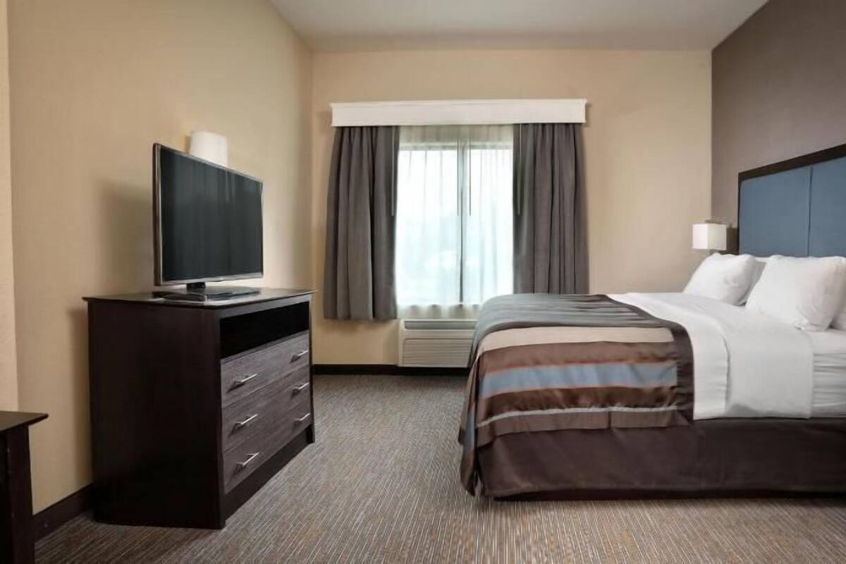 Habitación de hotel con cama, televisor en una cómoda, ventana con cortinas y mesita de noche con lámpara.