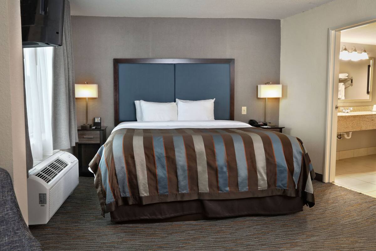 down duvets, desk, laptop workspace, blackout curtains