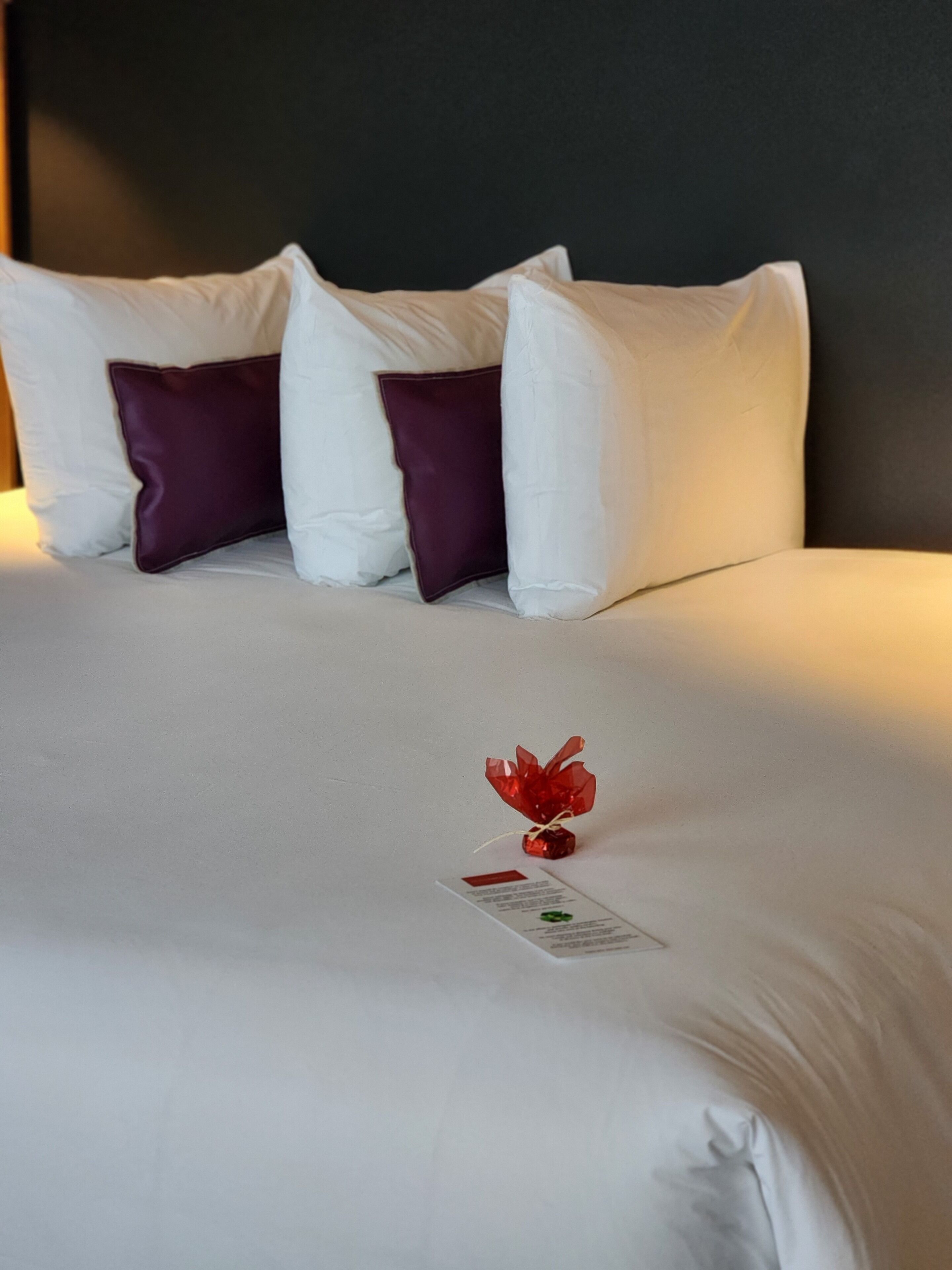 Un lit bien fait, avec des oreillers blancs et violets, un objet décoratif rouge et une petite carte posée sur le lit.