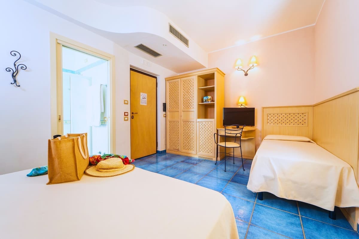 A hotel room with a bed, a desk, a wardrobe, and a bathroom door.