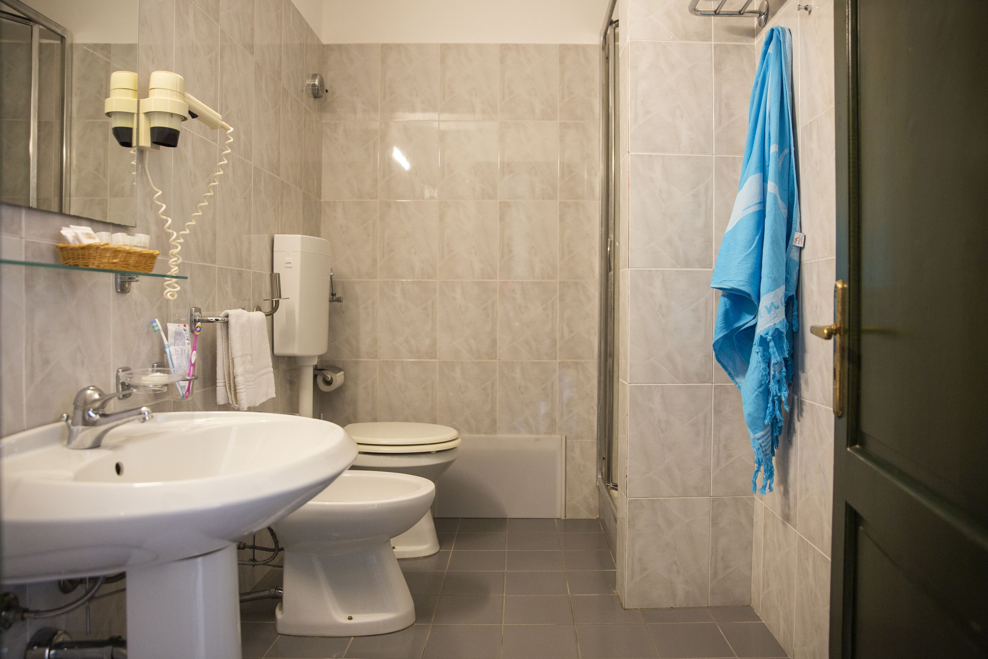 free toiletries, hair dryer, bidet, towels