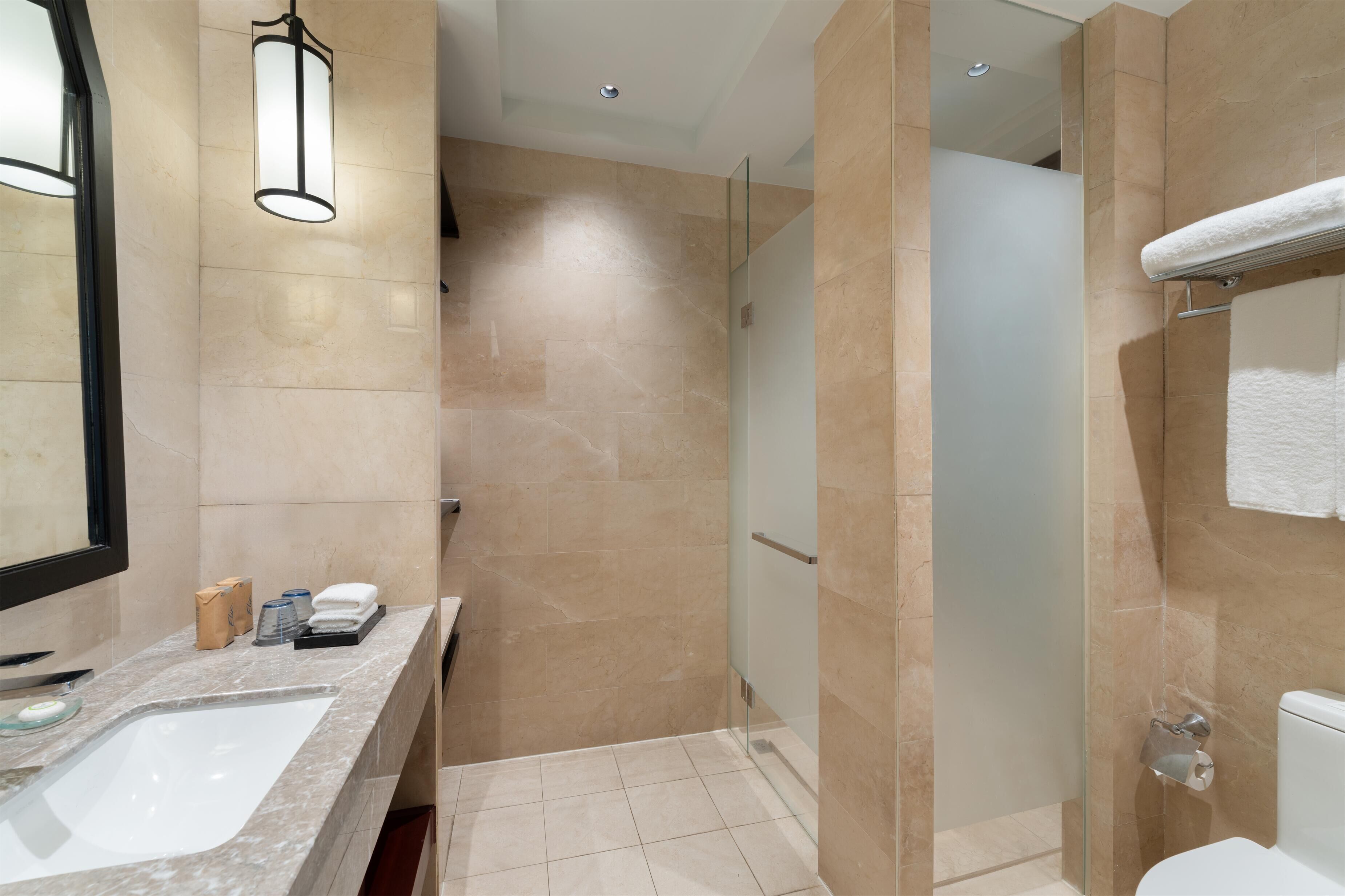 A modern bathroom with a marble sink, a glass shower enclosure, and a towel rack.
