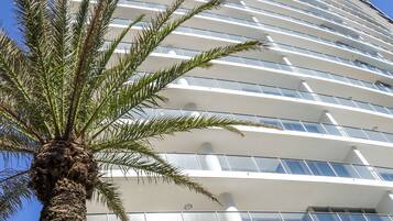 A tall, modern building with multiple balconies and a palm tree in the foreground.