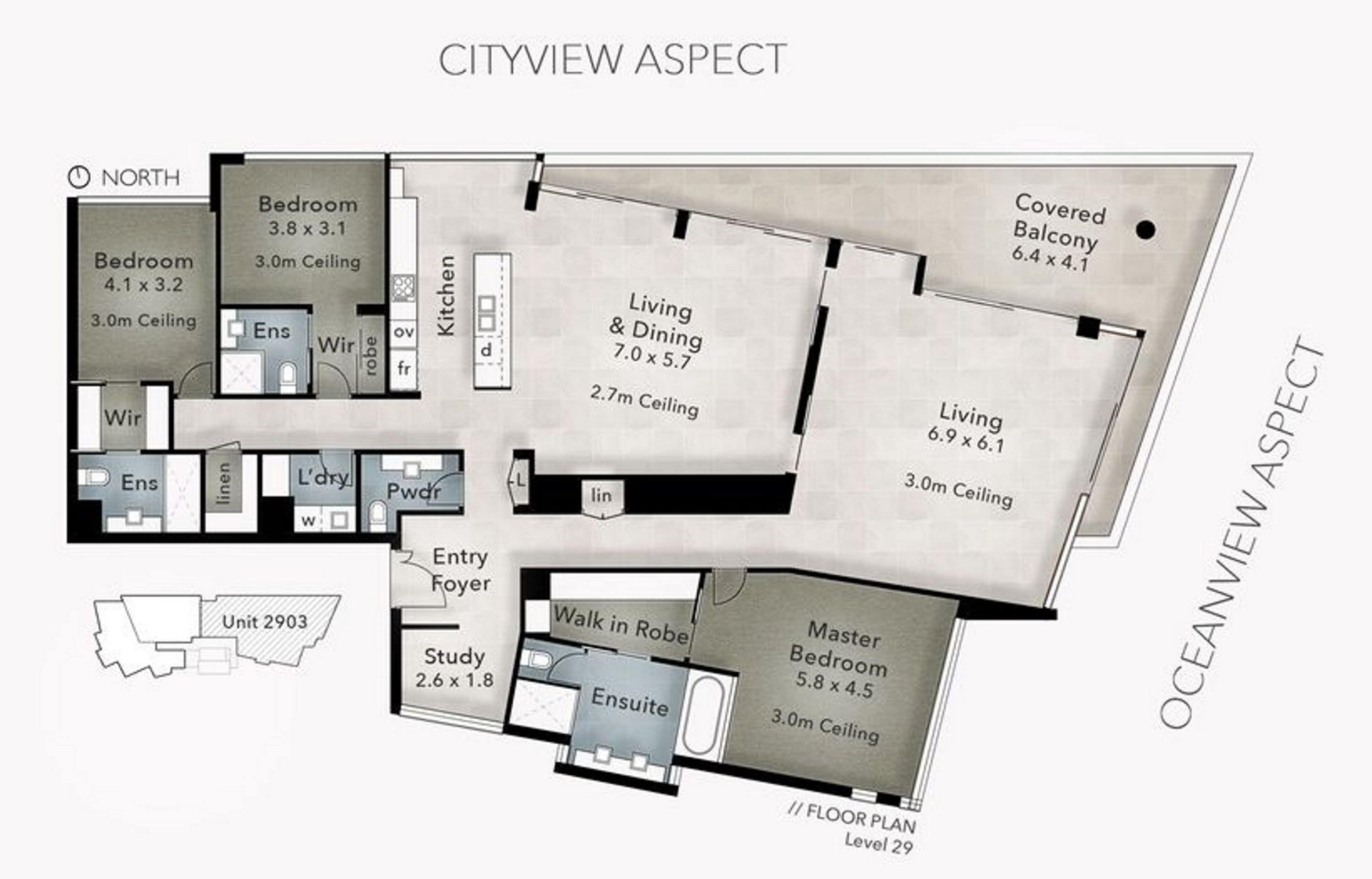 Plano de planta de un hotel con balcón cubierto, varias habitaciones, sala de estar, estudio y dormitorio principal.