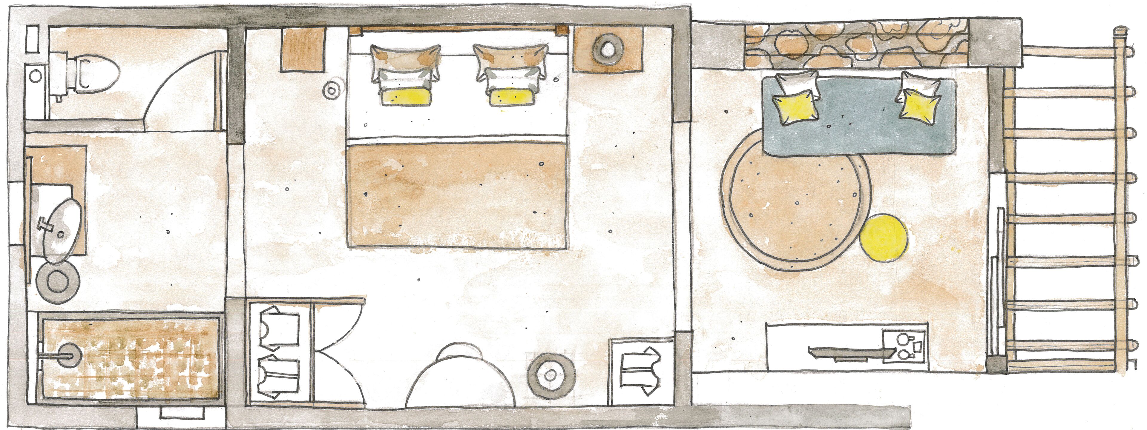 Plano de un cuarto de hotel con cama, baño, una pequeña cocina y zona de estar.