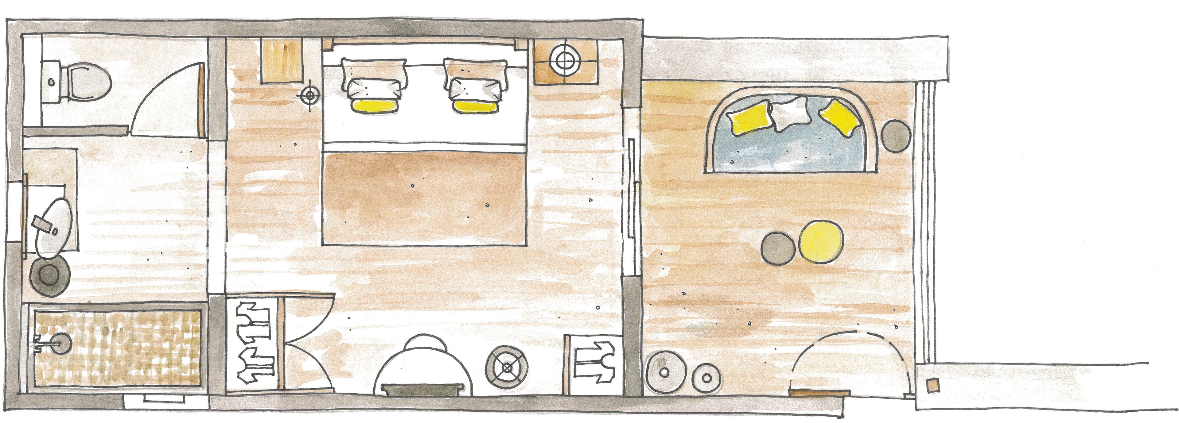 A floor plan of a cabin with a kitchen, two bedrooms, a bathroom, and a living area.