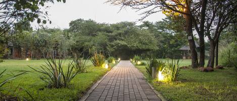 Um caminho pavimentado em um jardim, com árvores e plantas de ambos os lados.