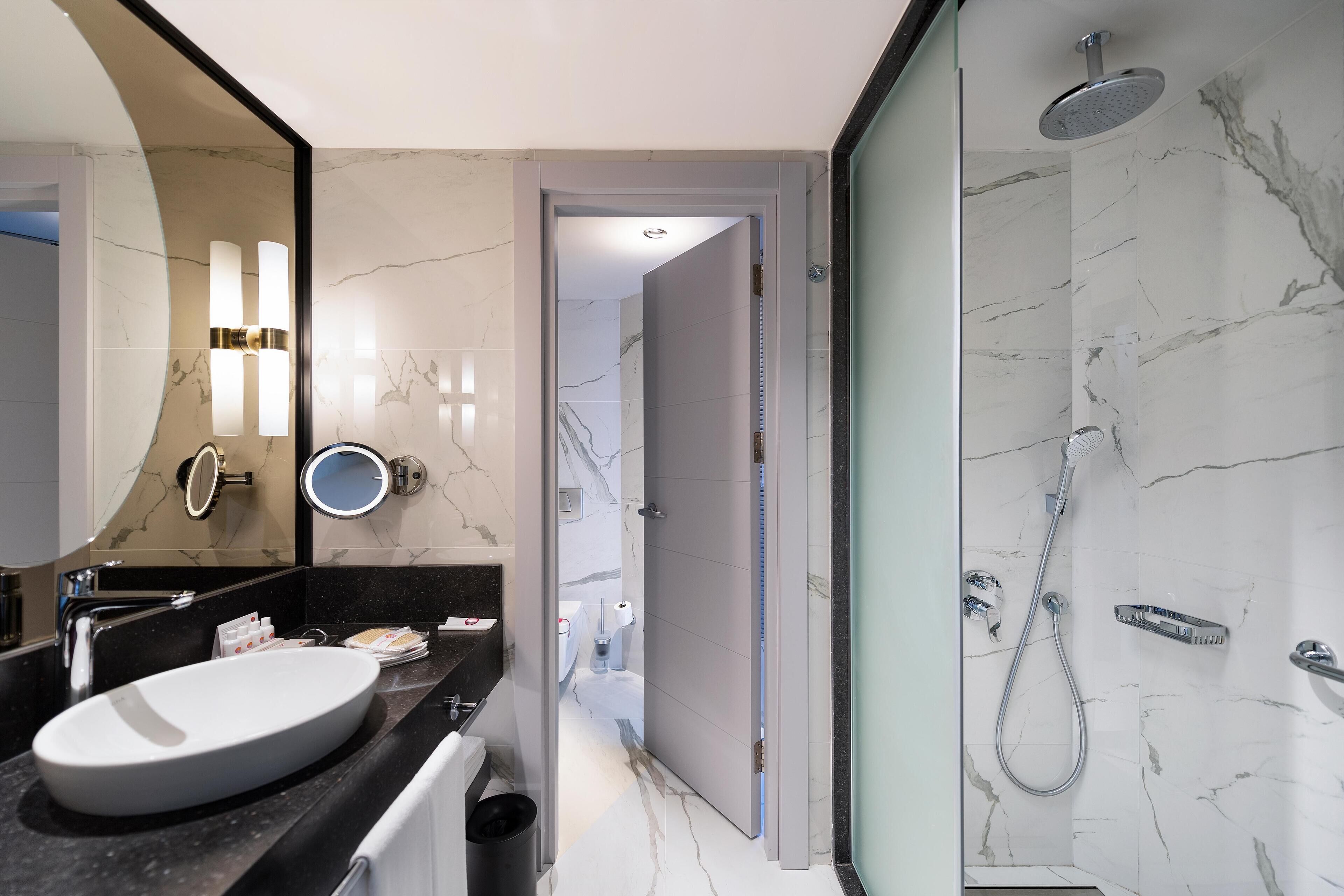 Un baño moderno con un lavamanos ovalado grande, un espejo, cabezal de ducha de mano y una ducha con mampara de vidrio.
