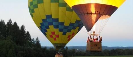 Two hot air balloons with colorful patterns, one in the foreground and one in the background, over a field with trees in the distance.