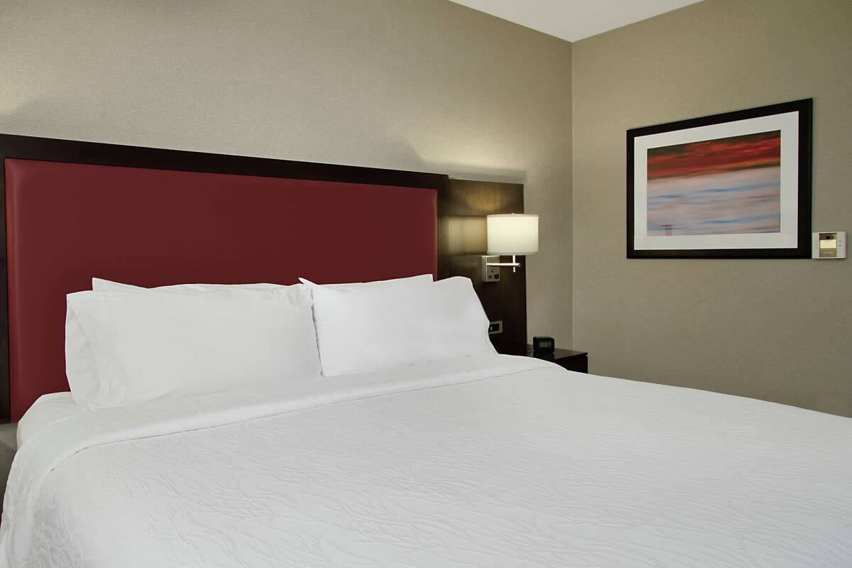 A hotel room with a large bed, a red headboard, a nightstand with a lamp, and a framed picture on the wall.