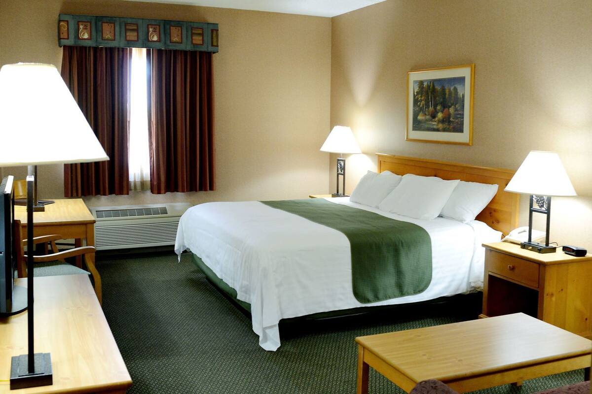 A hotel room with a bed, two bedside lamps, a desk, a chair, a TV, and a painting on the wall.