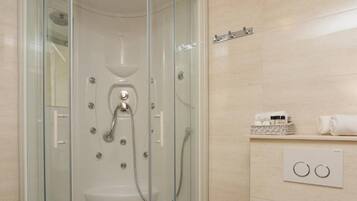 Shower, free toiletries, hair dryer, towels