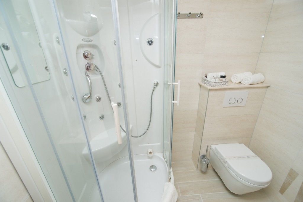 A modern bathroom with a glass-enclosed shower, a toilet, and a shelf with toiletries.