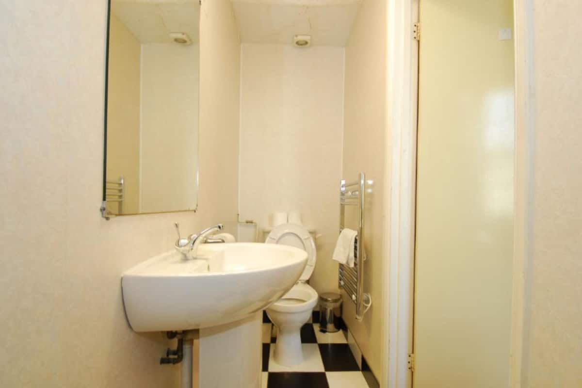Combined shower/bathtub, hair dryer, towels