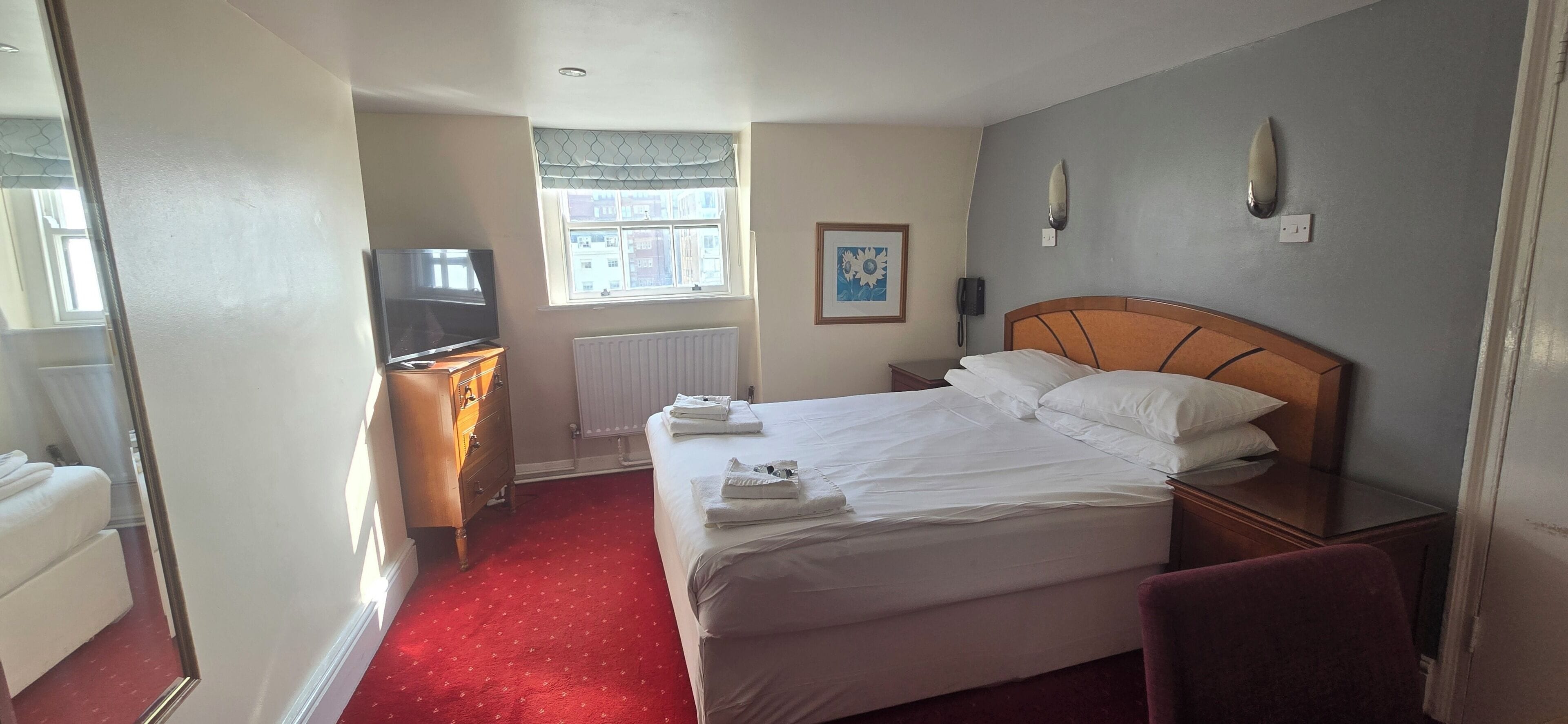 Una habitación de hotel con una cama, un escritorio con televisor, un radiador, un cuadro en la pared y una alfombra roja.
