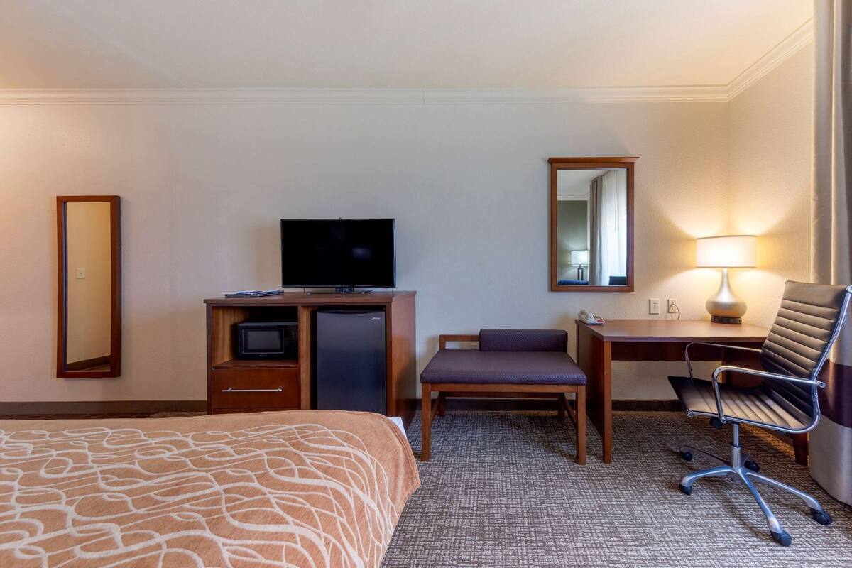 A hotel room with a bed, a desk with a computer, a television, a chair, and a lamp.