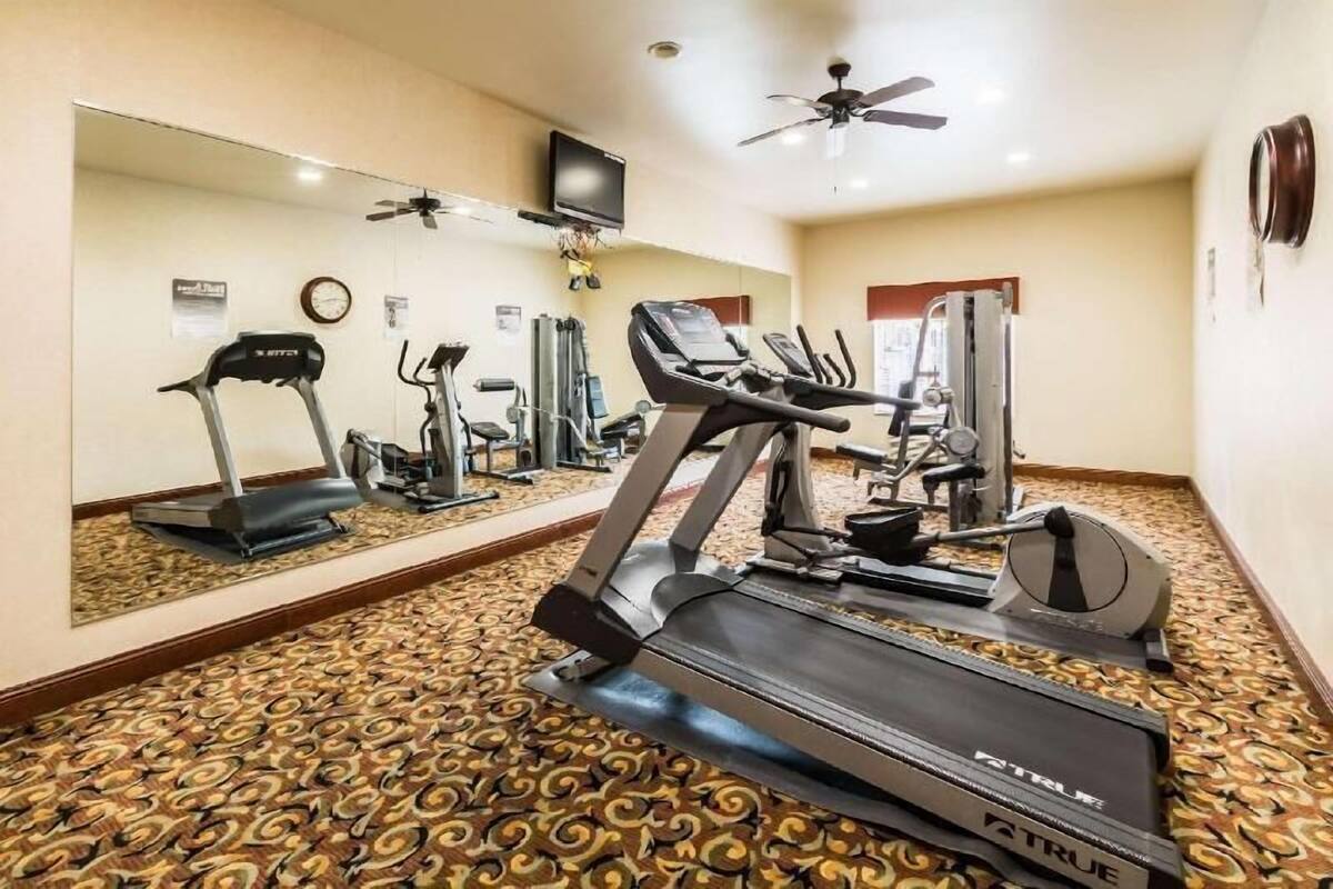 Un gimnasio con cintas de correr, un espejo grande en la pared, un ventilador de techo y una alfombra estampada.