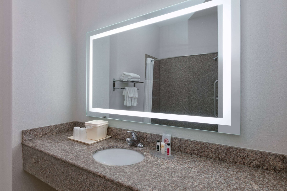 combined shower/bathtub, free toiletries, hair dryer, towels