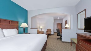 Une chambre d’hôtel avec un grand lit, deux fauteuils, un bureau, une télévision et un miroir.