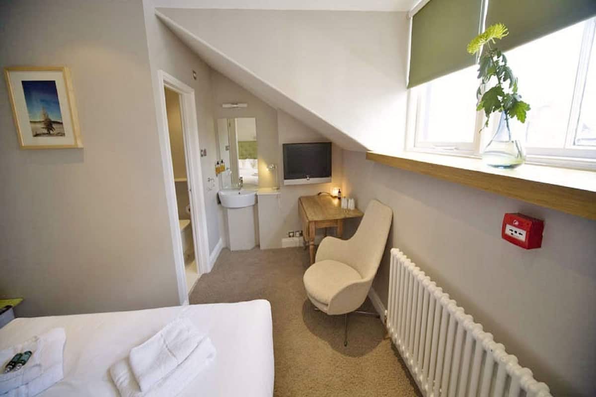 Een hotelkamer met een bed, een bureau met stoel, een badkamer en een raam met een plant.