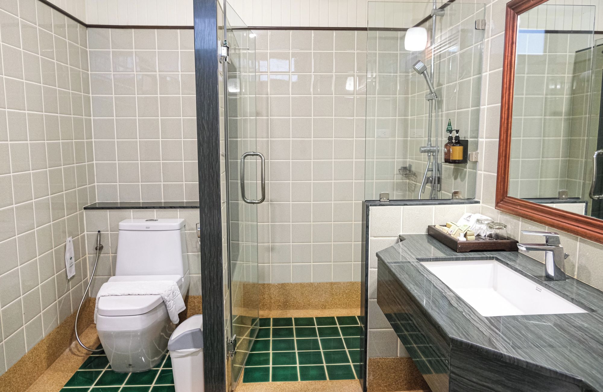A bathroom with a glass shower enclosure, a white toilet, a sink with a marble countertop, and a mirror.