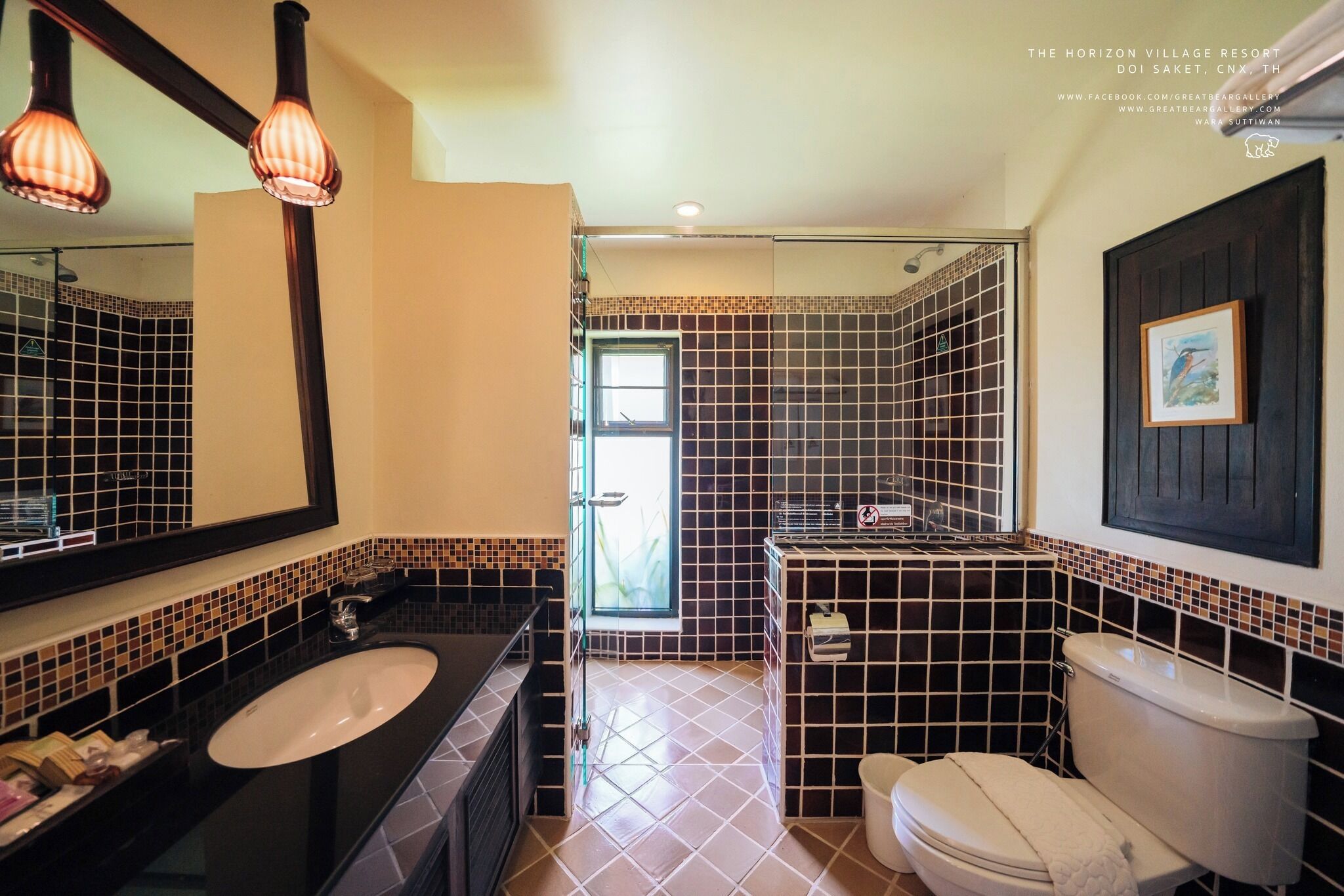 A bathroom with a black sink, white toilet, and a shower area.