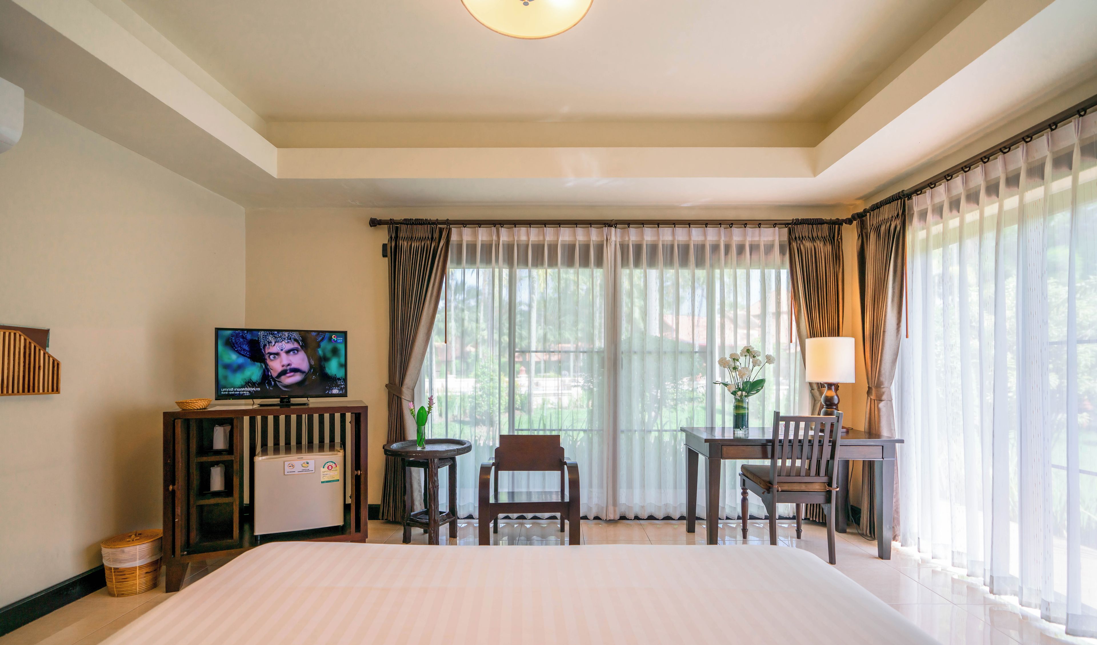 A hotel room with a large bed, a television, a desk with a lamp, and a view of greenery through the windows.