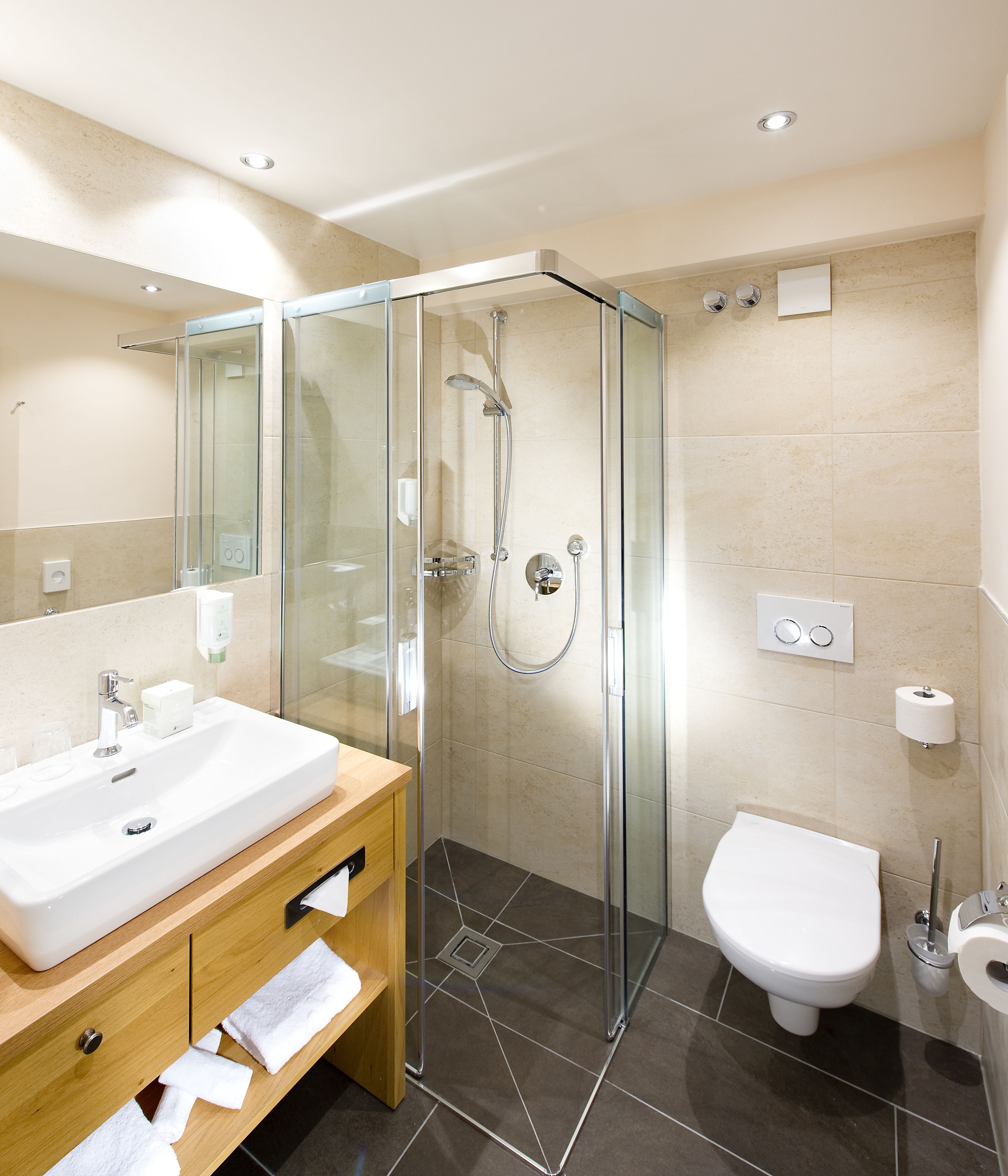 A modern bathroom with a glass-enclosed shower, a sink with a mirror, and a toilet.