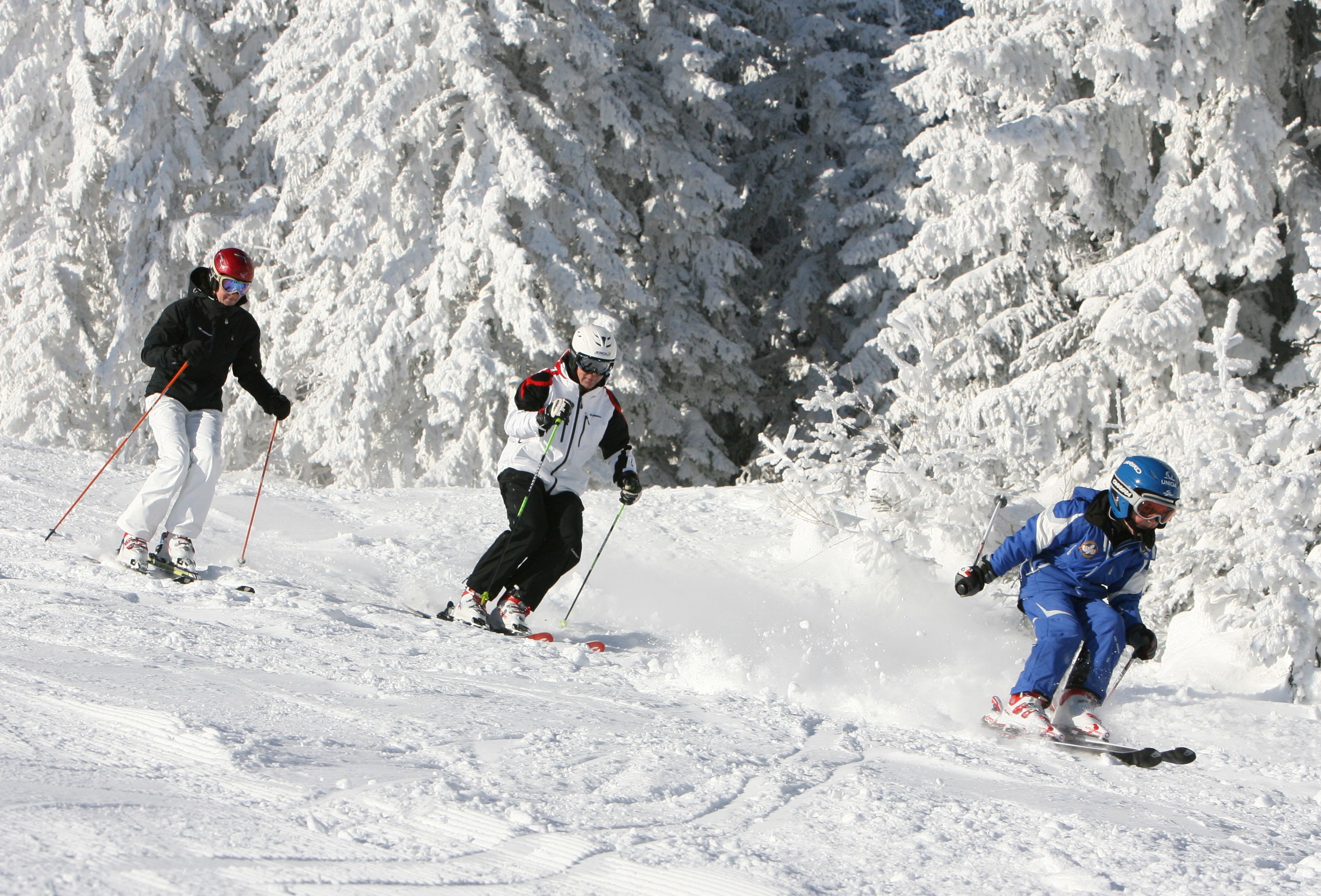 Ein verschneiter Skipisten mit Skifahrern.